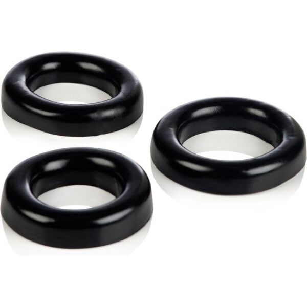 Die drei schwarzen Ringe des CalExotics COLT 3 Ring Set in drei Größen