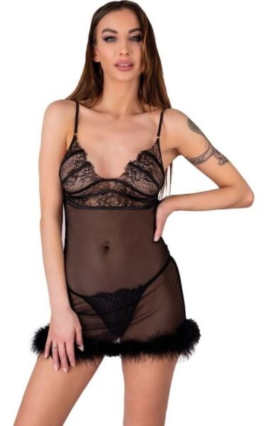 Babydoll-Set Livco Corsetti Zerunam in Schwarz, mit Netztop mit dünnen Trägern und passendem Tanga
