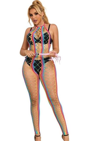 Bodystocking Subblime aus Netzstoff mit Regenbogenmuster und Neckholder