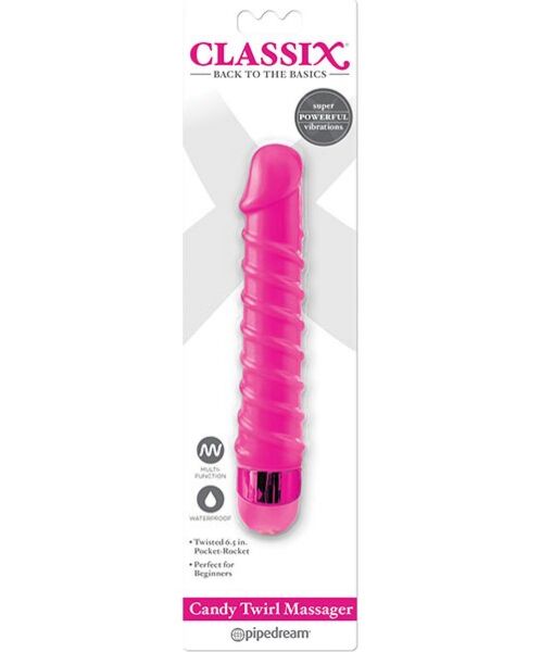 Pinker Vibrator Pipedream Candy Twirl mit spiralförmig gerilltem Körper und Drehregler am Fuß