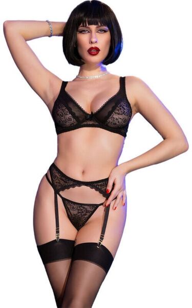Dessous-Set mit Strapsen Chilirose CR 4692 aus schwarzer Spitze, mit BH, Tanga, Strapsgürtel und Strümpfen