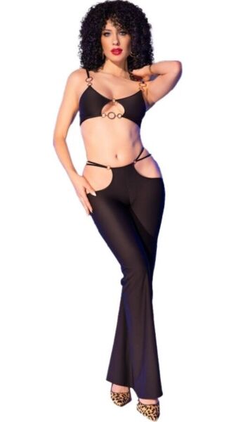 Lingerie-Set Chilirose CR 4851, schwarzes Top mit goldenen Ringen und Leggings mit seitlichen Cut-outs