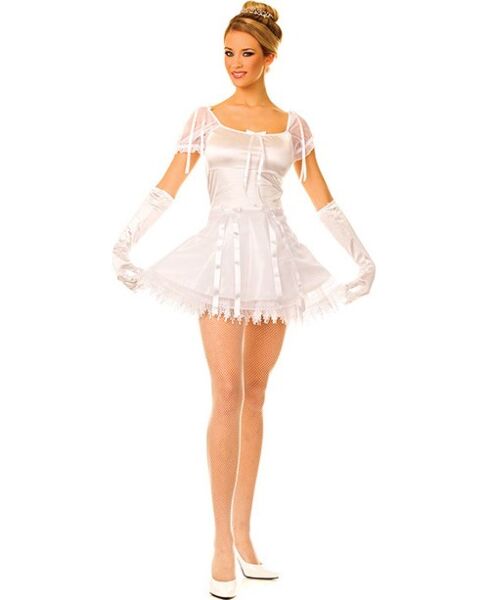 Weißes Music Legs Ballerina-Kostüm S/M mit glänzendem Satinkleid und Satinhandschuhen