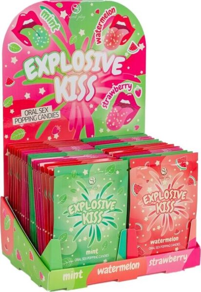 Secret Play Knisterbonbons Display mit Beuteln in den Sorten Erdbeere, Wassermelone und Minze