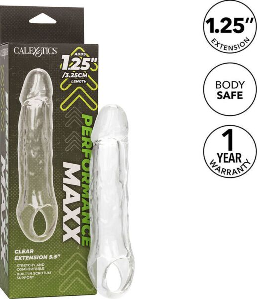 Transparente Penishülle CalExotics Performance Maxx Clear Extension 5,5 mit Band für den Hodensack