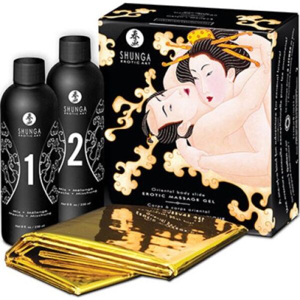 Body-to-Body-Massagegel Shunga Oriental als Set mit goldenem Laken