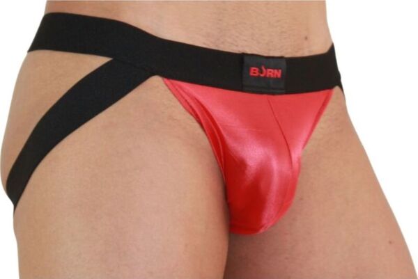 Jockstrap Burn 010 Jock in Rot und Schwarz, mit transparenten und glänzenden Details