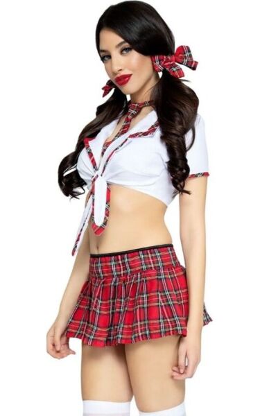 Schulmädchen-Kostüm Leg Avenue Miss Prep School in Rot und Weiß mit kurzem Top, kariertem Faltenrock, Krawatte und Schleifen