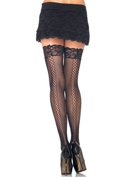 Schwarze oberschenkelhohe Netzstrümpfe Leg Avenue Amor Twist mit Rautennaht hinten