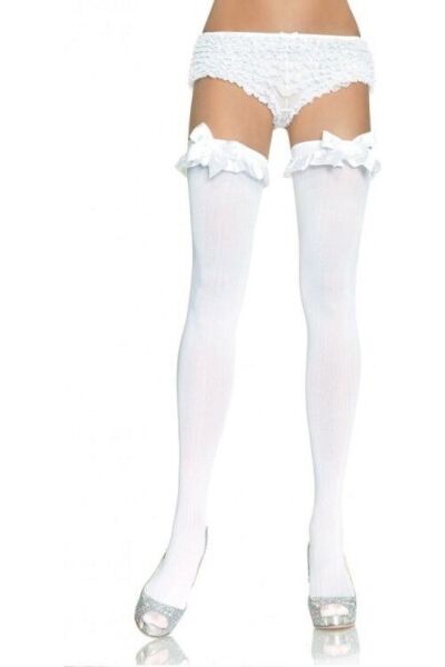 Blickdichte weiße Strümpfe Leg Avenue Devi mit Rüsche und Schleife am Oberschenkel