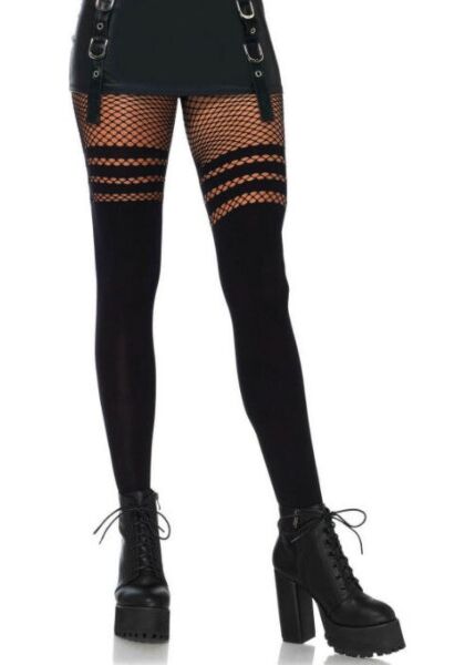 Strumpfhose Leg Avenue Ada in Schwarz, blickdicht am Bein und mit Netz und Streifen am Oberschenkel