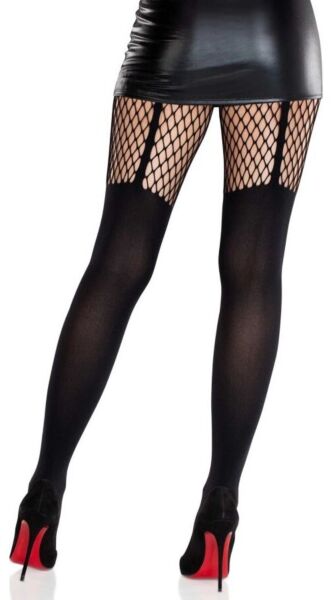 Schwarze Strumpfhose Leg Avenue Jett Garter Illusion, blickdicht und mit Netz am Oberschenkel in Straps-Optik