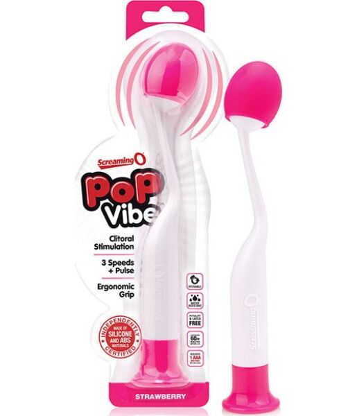 Massagestab Screaming O PoP Vibe Strawberry in Rosa und Weiß mit flexiblem Kopf