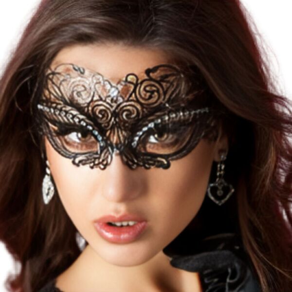 Metall-Maske Chilirose CR 3706 in Schwarz, mit funkelnden Kristallen und Satinbändern