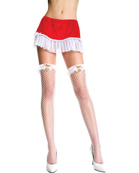 Weiße Netzstrümpfe Music Legs Campanilla mit Schleife und Glöckchen am Strumpfband