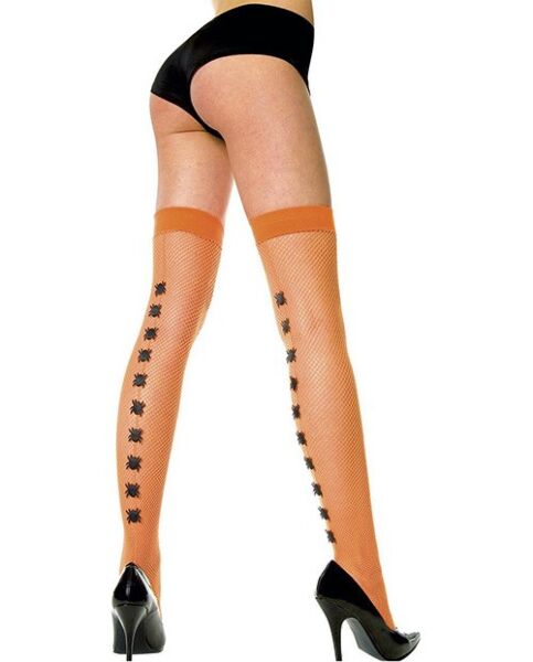 Orange Netzstrümpfe von Music Legs mit Spinnen-Applikationen auf der Rückseite des Beins
