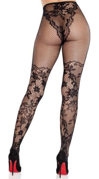 Strumpfhose Leg Avenue Dahlia Lace Tights in Schwarz, mit Blumenspitze und Netz am Oberschenkel