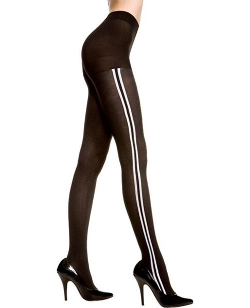 Schwarze blickdichte Strumpfhose von Music Legs mit weißen Streifen an den Seiten