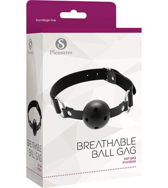 Schwarzer Ballknebel S Pleasures Breathable Ball Gag mit Ball mit Öffnungen, Metallringen und Riemen mit Schnalle