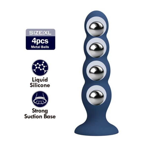 Analplug Mr Play mit Metallkugeln, aus blauem Silikon und mit Saugfuß