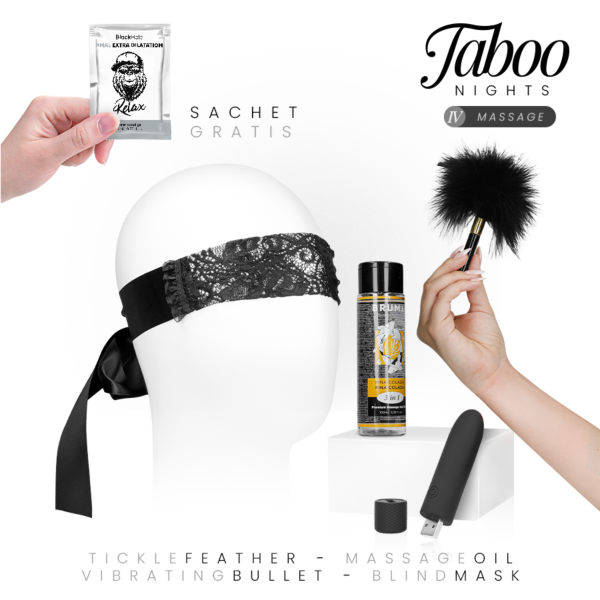 Taboo Nights 4 Massage-Set mit Bruma-Öl, Geri Bullet-Vibrator, Augenmaske, Feder und Black Hole Analgel