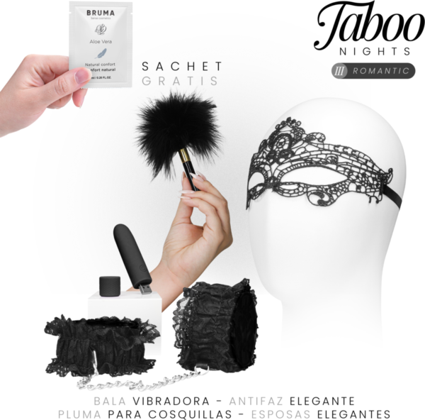 Taboo Nights 3 Romantic Dreamkit mit Augenmaske, Mini-Vibrator, schwarzen Spitzen-Handfesseln, Federn und Gleitgel