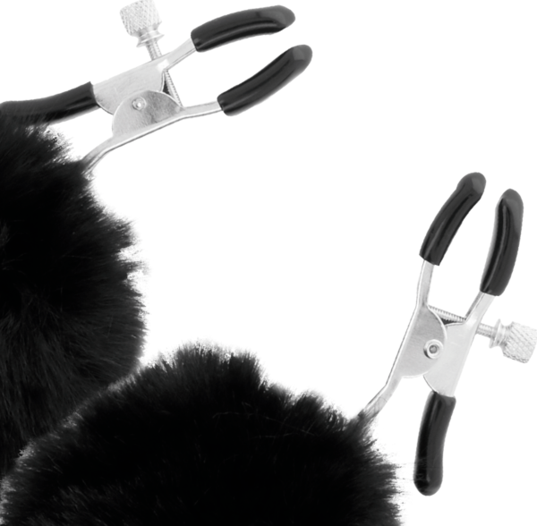 Nippelklemmen Darkness Nipple Clamps with Pom Poms mit Pads und zwei Pompons