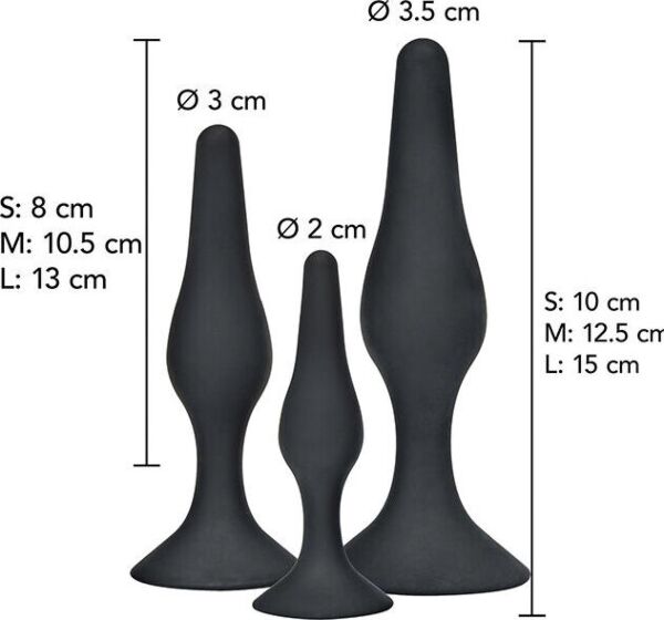 Drei Analplugs ToyJoy Curvy Companions Kit in verschiedenen Größen, gebogen und mit breitem Fuß