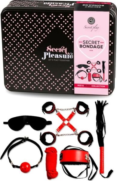 BDSM-Set Secret Bondage Rot und Schwarz von Secret Play mit den Teilen aus Kunstleder und dem Seil