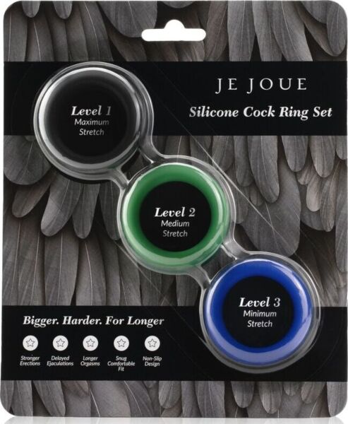 Penisring-Set aus Silikon von Je Joue mit allen drei Ringen: blau, grün und schwarz