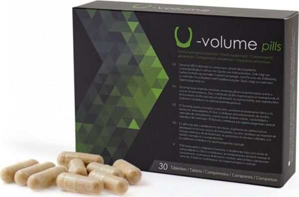 Packung des Nahrungsergänzungsmittels 500Cosmetics U-Volume Pills mit Tabletten