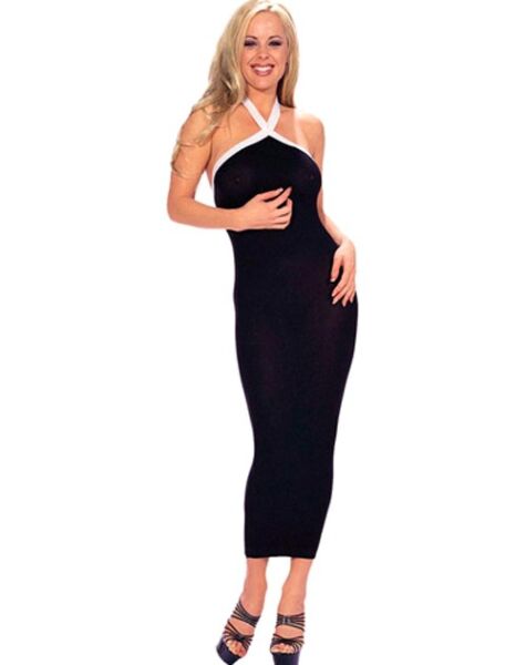 Langes Kleid Music Legs in Schwarz-Weiß mit Neckholder-Trägern