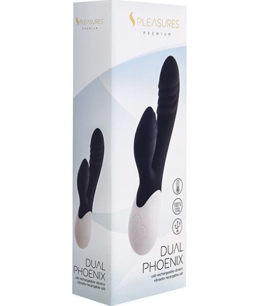 Rabbit-Vibrator S Pleasures Dual Phoenix in Schwarz, mit seinem Arm für die Klitoris