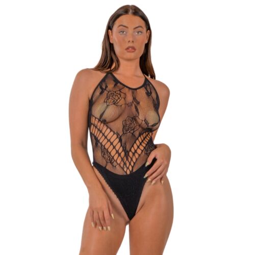 Bodysuit Lace LJ Floral Halter | Black Floral