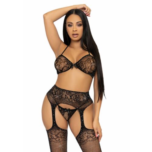 Lingerie Set Leg Avenue - Dreiteiliges Set mit BH, Tanga und Strümpfen