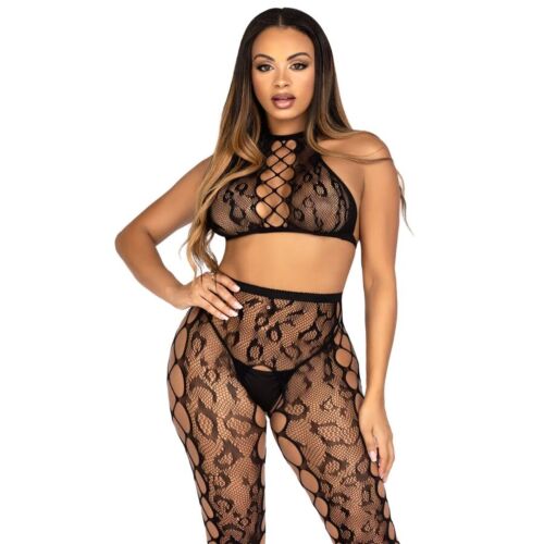 Crop Top und Crotchless Strumpfhosen Leg Avenue 89372 mit Leopardenmuster