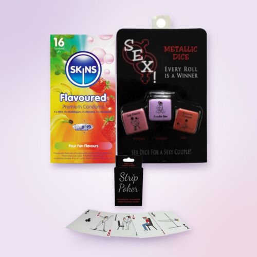 Witziges Wichtelgeschenk-Set mit Strip Poker, Würfeln und Kondomen