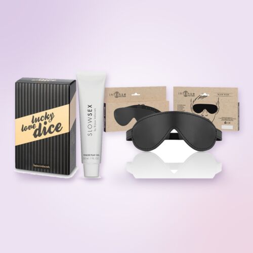 Wichtelgeschenk-Set Massage mit küssbarem Gel, Augenmaske und Würfeln