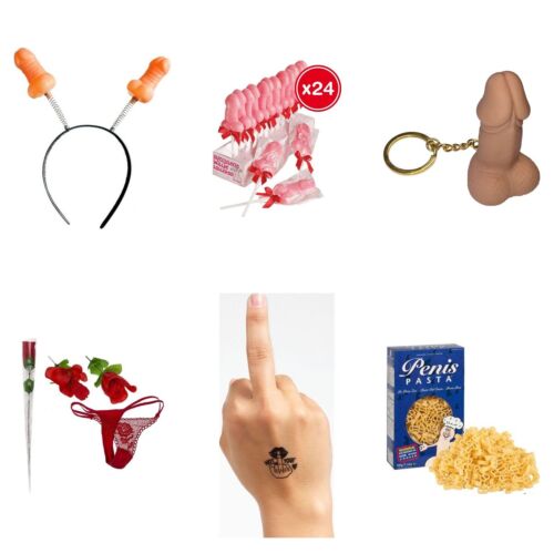 Set für den Junggesellinnenabschied mit Haarreif, Lutscher, Tattoos und Scherzgeschenken