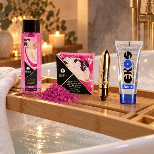 Set für Dusche und Badewanne mit tauchfähigem Bullet-Vibrator – Stimmungsbild (KI-generiertes Bild)