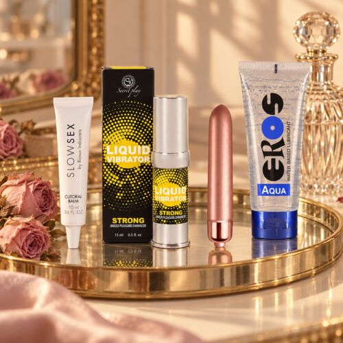 Stimulierendes Set für sie mit Klitoris-Balsam und Bullet-Vibrator – Stimmungsbild (KI-generiertes Bild)
