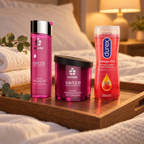 Erotisches Massage-Set mit Öl, Kerze und 2-in-1-Gel – Stimmungsbild (KI-generiertes Bild)