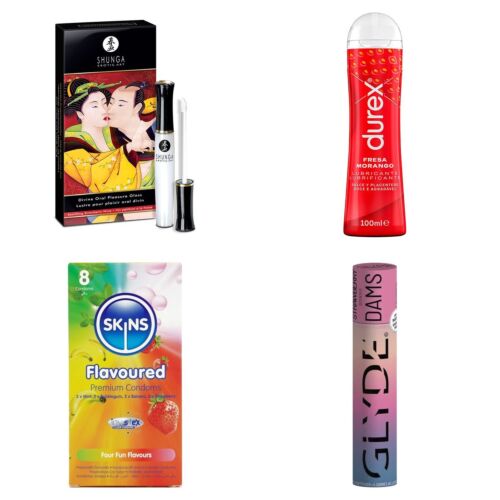 Oralsex-Set mit Lipgloss, Gleitgel und Kondomen mit Geschmack