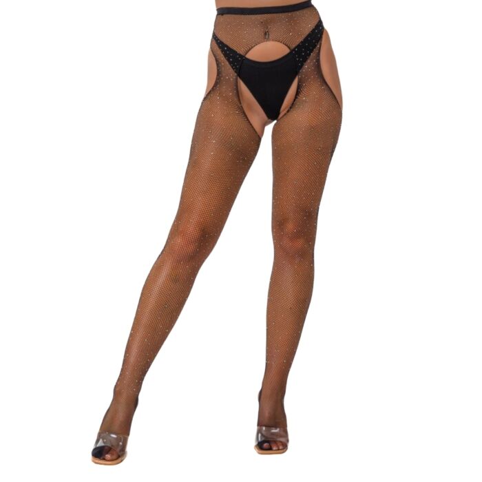 Lace by LJ Rhinestone Fishnet Crotchless Pantyhose Black Lace by LJ Rhinestone Fishnet Crotchless Pantyhose Black